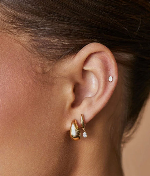 Diamond Oval Drop Gold Dome Earrings - 14K